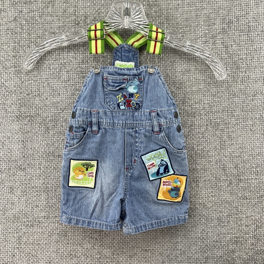 Flapdoodles Shortall Denim Overalls Baby‎ 12M Embroidered Lion Rhino Gorilla Y2K